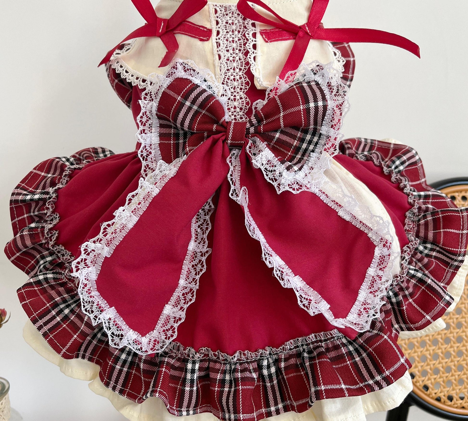 KFX-6288957 Plaid Lace Princess Lolita Dress with Matching Pet Bow Hat
