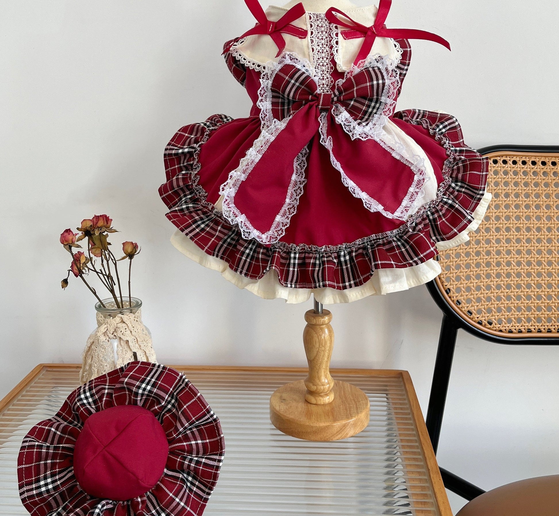 KFX-6288957 Plaid Lace Princess Lolita Dress with Matching Pet Bow Hat