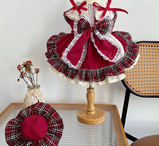KFX-6288957 Plaid Lace Princess Lolita Dress with Matching Pet Bow Hat