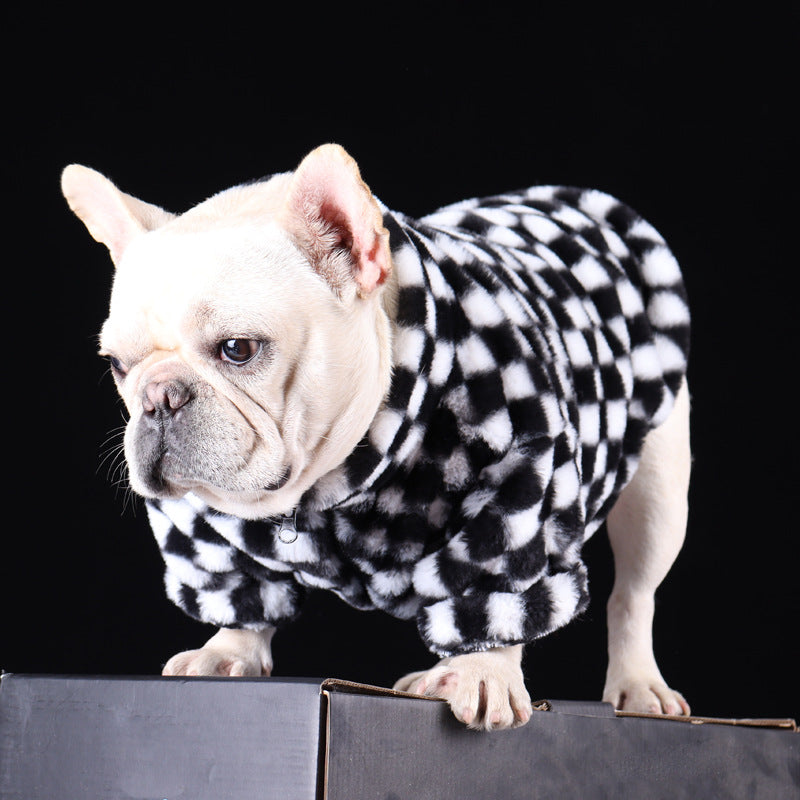 KFX-6289085 Checkerboard Plaid Plush Dog Coat – Black & White, Fashion Casual, Various Sizes Available