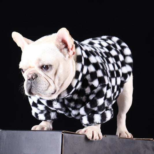 KFX-6289085 Checkerboard Plaid Plush Dog Coat – Black & White, Fashion Casual, Various Sizes Available