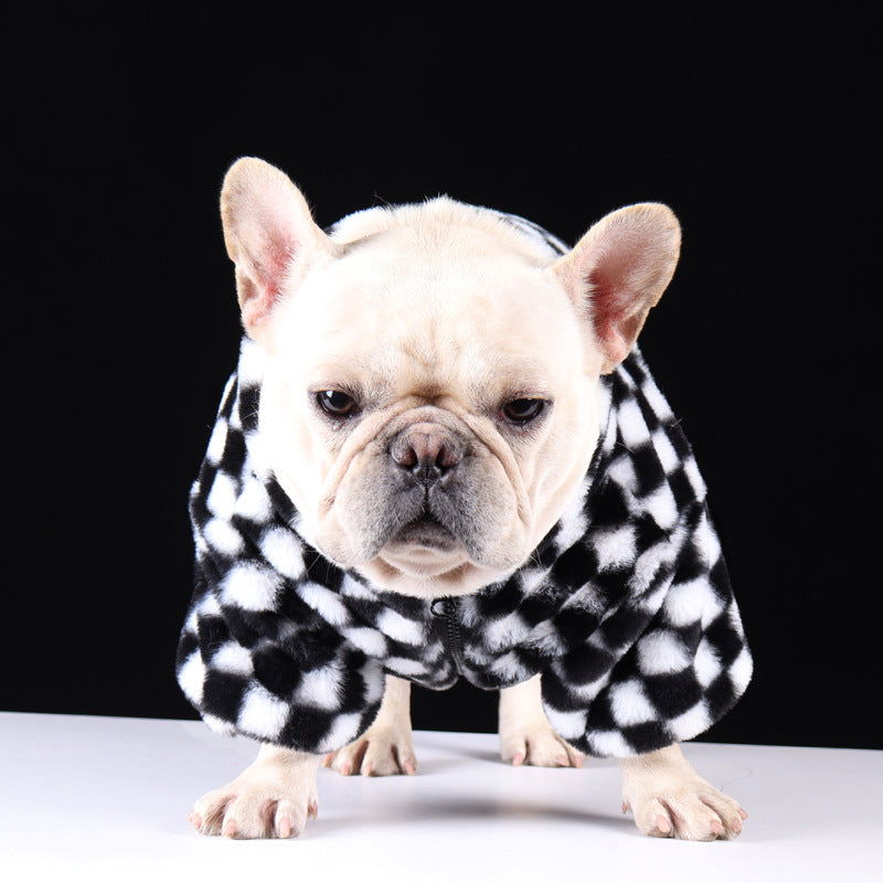 KFX-6289085 Checkerboard Plaid Plush Dog Coat – Black & White, Fashion Casual, Various Sizes Available