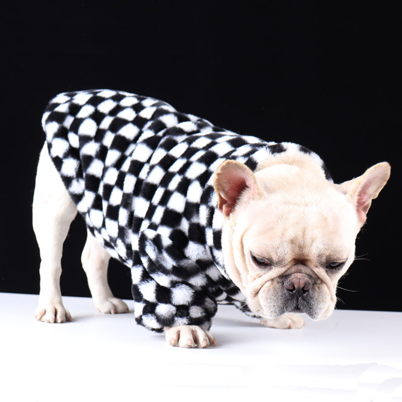 KFX-6289085 Checkerboard Plaid Plush Dog Coat – Black & White, Fashion Casual, Various Sizes Available