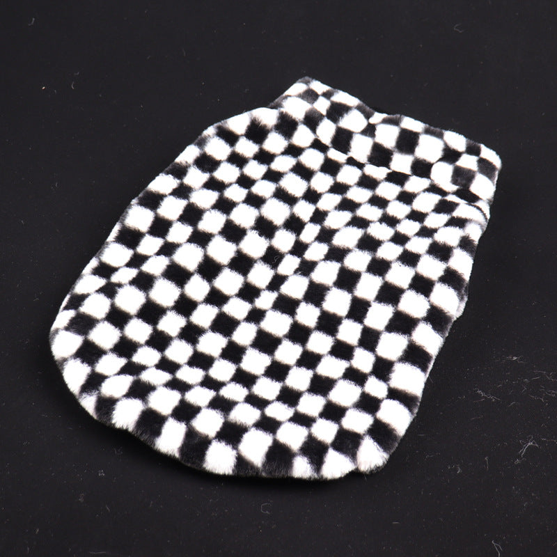 KFX-6289085 Checkerboard Plaid Plush Dog Coat – Black & White, Fashion Casual, Various Sizes Available