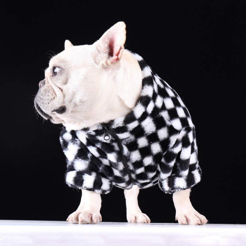 KFX-6289085 Checkerboard Plaid Plush Dog Coat – Black & White, Fashion Casual, Various Sizes Available