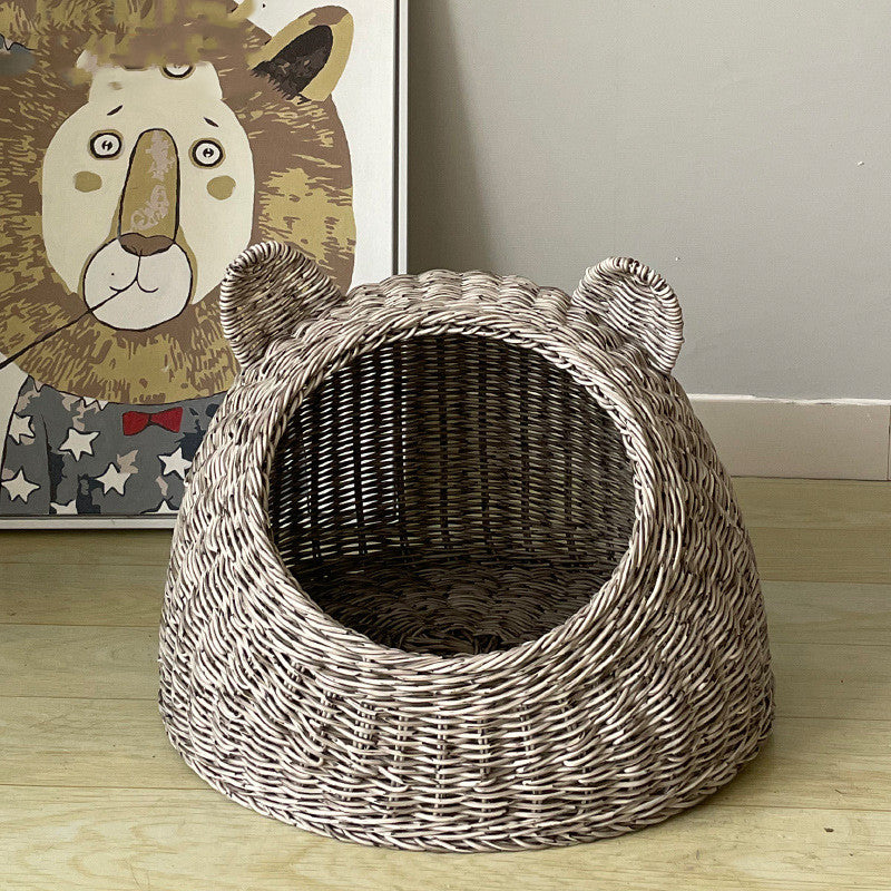 KFX-6290749 Hand-Knitted Semi-Enclosed Cat House - Imitation Rattan Nest in Various Colors and Sizes