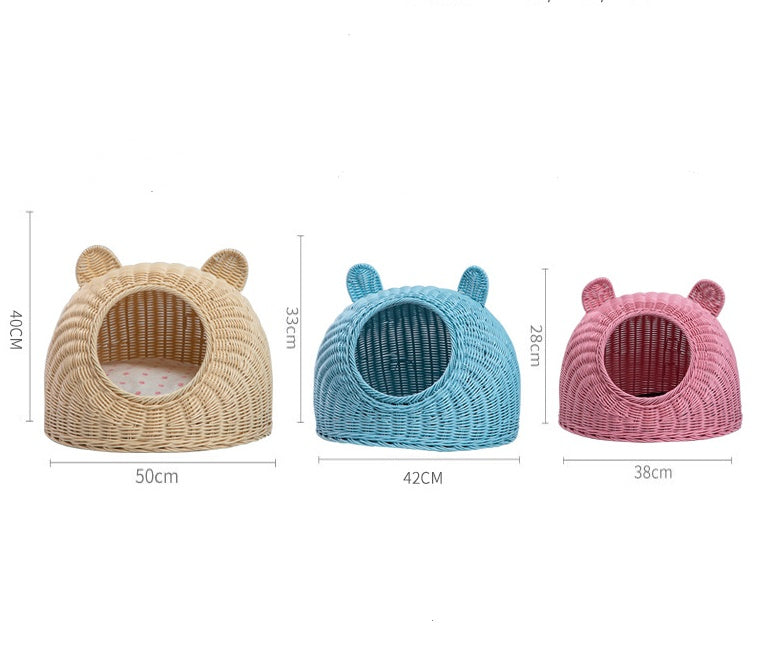 KFX-6290749 Hand-Knitted Semi-Enclosed Cat House - Imitation Rattan Nest in Various Colors and Sizes