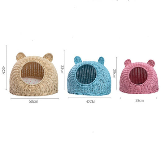 KFX-6290749 Hand-Knitted Semi-Enclosed Cat House - Imitation Rattan Nest in Various Colors and Sizes
