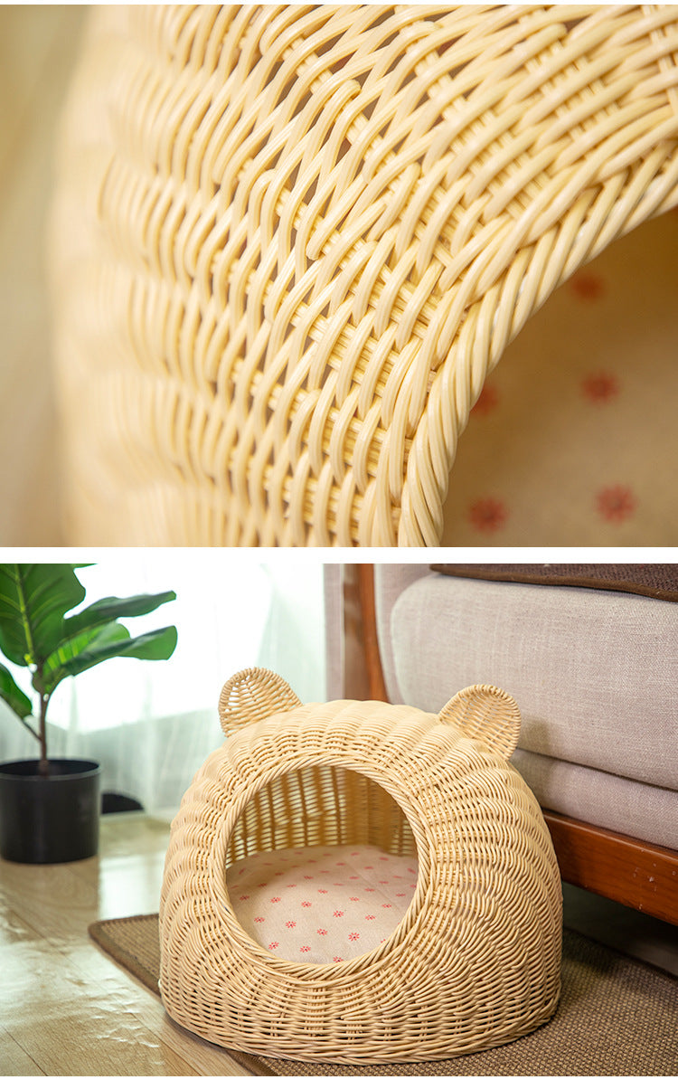 KFX-6290749 Hand-Knitted Semi-Enclosed Cat House - Imitation Rattan Nest in Various Colors and Sizes