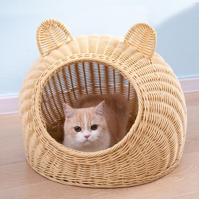 KFX-6290749 Hand-Knitted Semi-Enclosed Cat House - Imitation Rattan Nest in Various Colors and Sizes