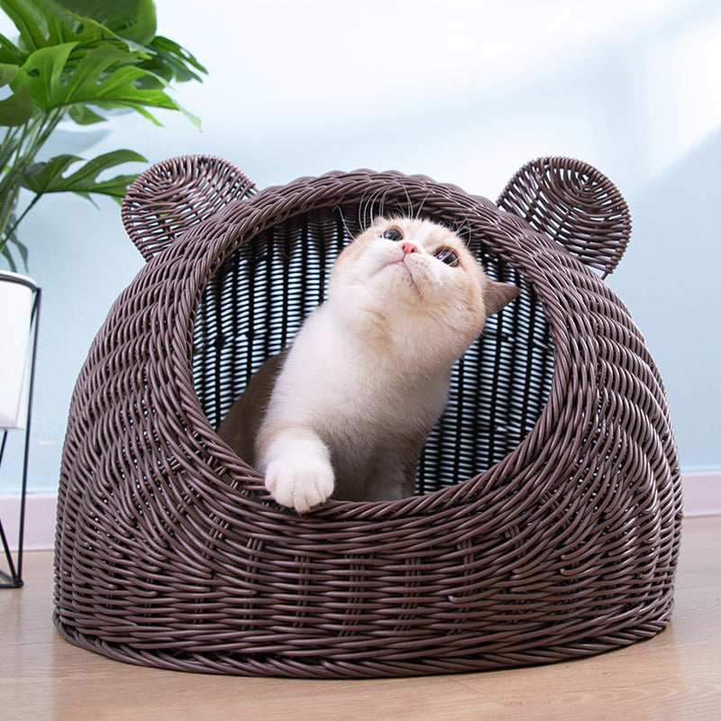 KFX-6290749 Hand-Knitted Semi-Enclosed Cat House - Imitation Rattan Nest in Various Colors and Sizes