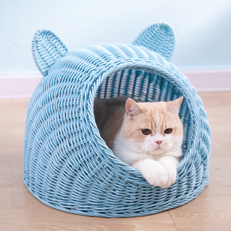 KFX-6290749 Hand-Knitted Semi-Enclosed Cat House - Imitation Rattan Nest in Various Colors and Sizes