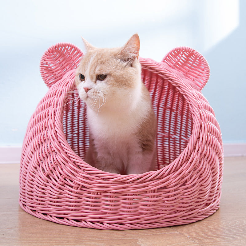 KFX-6290749 Hand-Knitted Semi-Enclosed Cat House - Imitation Rattan Nest in Various Colors and Sizes