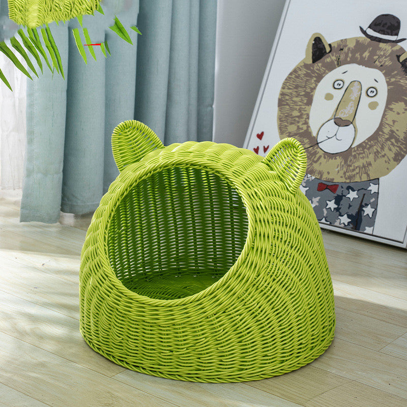 KFX-6290749 Hand-Knitted Semi-Enclosed Cat House - Imitation Rattan Nest in Various Colors and Sizes