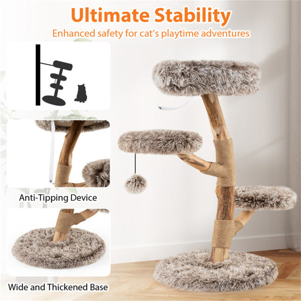 KFX-6295741 Multi-Level Natural Pear Wood Cat Tree with Sisal Scratching Posts and Plush Balls