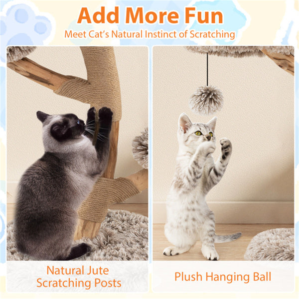 KFX-6295741 Multi-Level Natural Pear Wood Cat Tree with Sisal Scratching Posts and Plush Balls