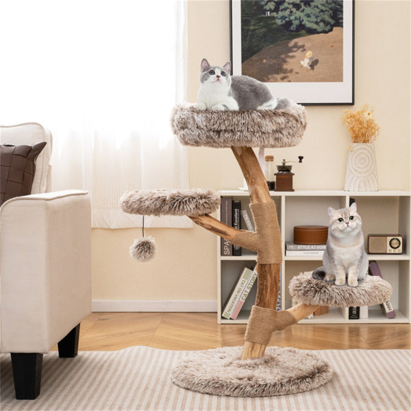 KFX-6295741 Multi-Level Natural Pear Wood Cat Tree with Sisal Scratching Posts and Plush Balls