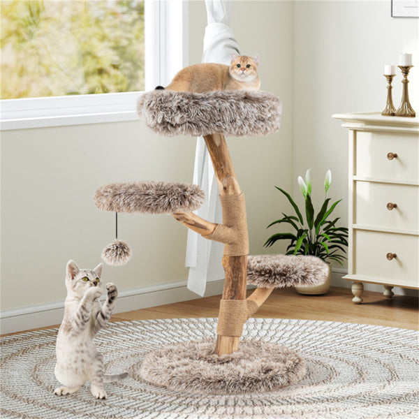 KFX-6295741 Multi-Level Natural Pear Wood Cat Tree with Sisal Scratching Posts and Plush Balls