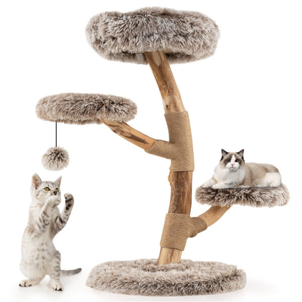 KFX-6295741 Multi-Level Natural Pear Wood Cat Tree with Sisal Scratching Posts and Plush Balls