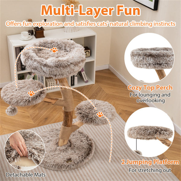 KFX-6295741 Multi-Level Natural Pear Wood Cat Tree with Sisal Scratching Posts and Plush Balls