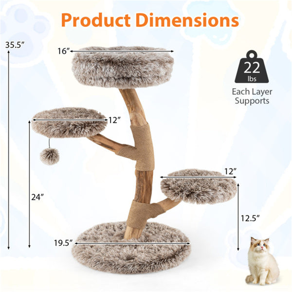 KFX-6295741 Multi-Level Natural Pear Wood Cat Tree with Sisal Scratching Posts and Plush Balls