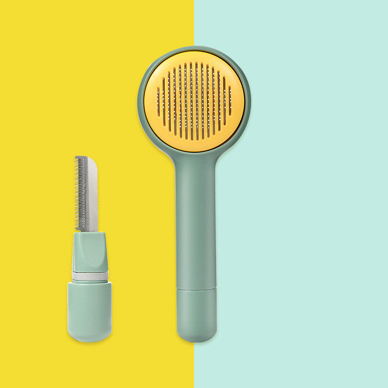 KFX-6298045 Pet Combing Brush for Cats and Dogs - Dual Comb with One-Key Hair Removal, Precise Ruler, Round Tips, Pink/White/Green