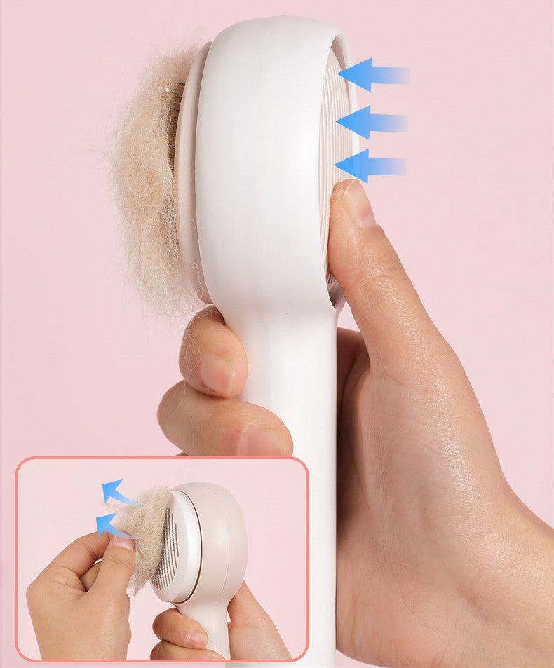 KFX-6298045 Pet Combing Brush for Cats and Dogs - Dual Comb with One-Key Hair Removal, Precise Ruler, Round Tips, Pink/White/Green