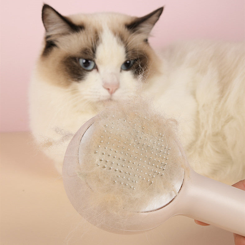 KFX-6298045 Pet Combing Brush for Cats and Dogs - Dual Comb with One-Key Hair Removal, Precise Ruler, Round Tips, Pink/White/Green