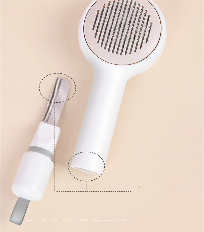 KFX-6298045 Pet Combing Brush for Cats and Dogs - Dual Comb with One-Key Hair Removal, Precise Ruler, Round Tips, Pink/White/Green