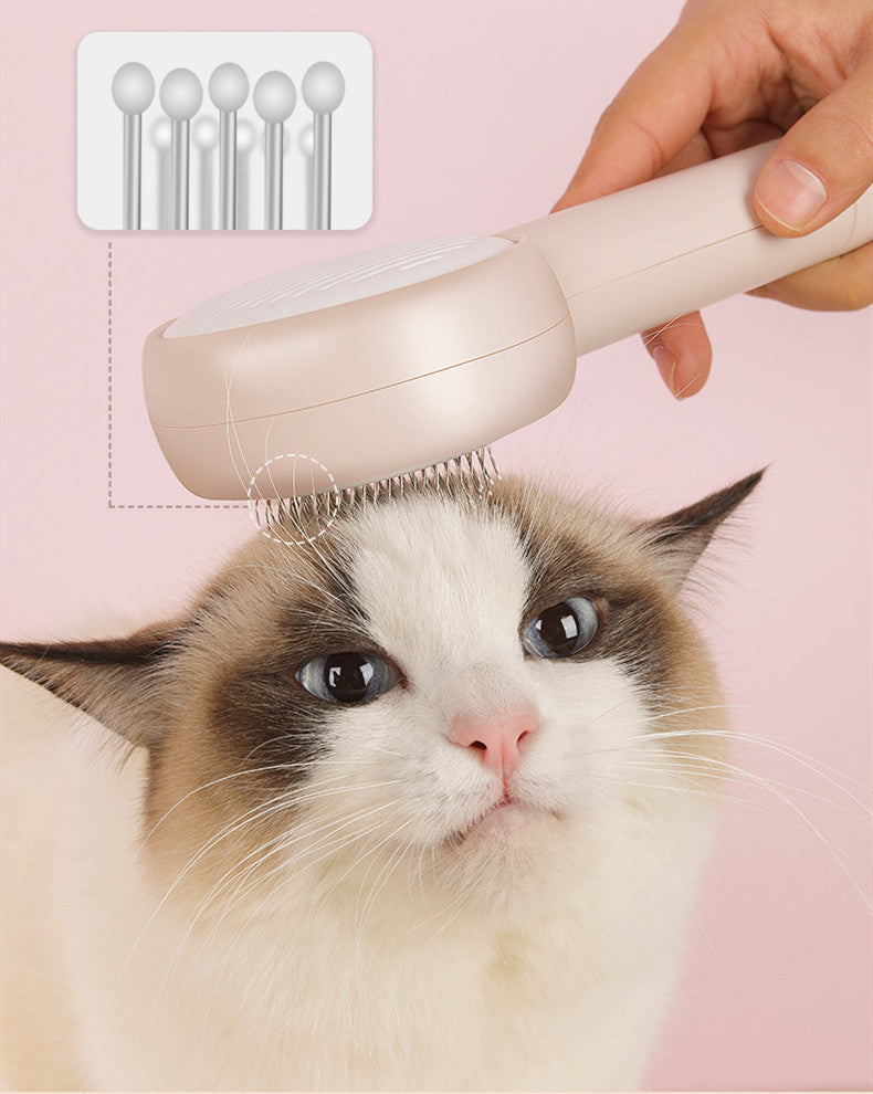 KFX-6298045 Pet Combing Brush for Cats and Dogs - Dual Comb with One-Key Hair Removal, Precise Ruler, Round Tips, Pink/White/Green