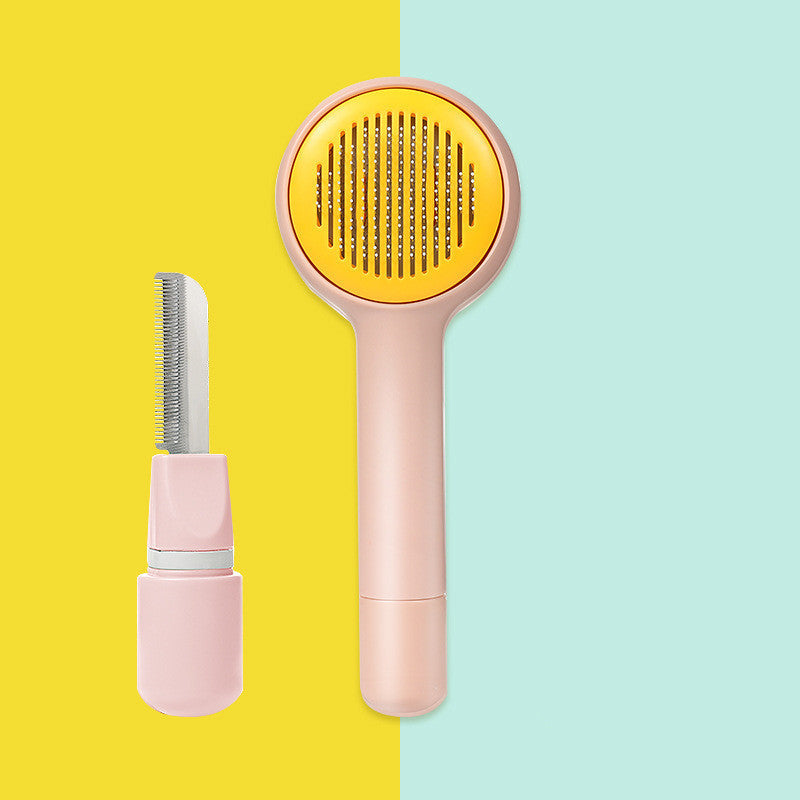 KFX-6298045 Pet Combing Brush for Cats and Dogs - Dual Comb with One-Key Hair Removal, Precise Ruler, Round Tips, Pink/White/Green