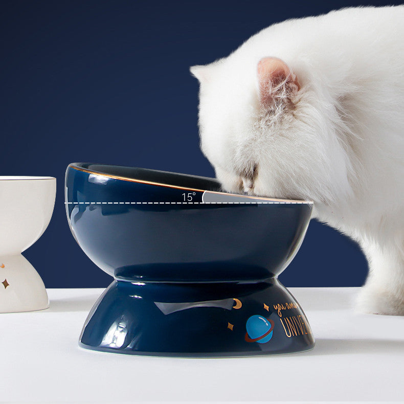 KFX-6298429 Ceramic Anti-Tipping Cat Food Bowl with Oblique Mouth Guard for Neck Comfort