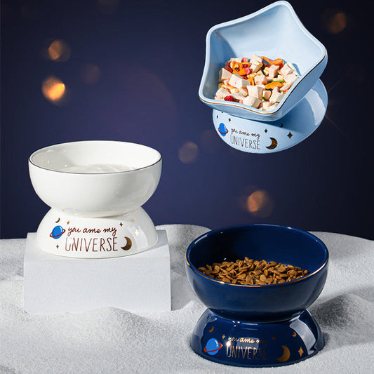 KFX-6298429 Ceramic Anti-Tipping Cat Food Bowl with Oblique Mouth Guard for Neck Comfort