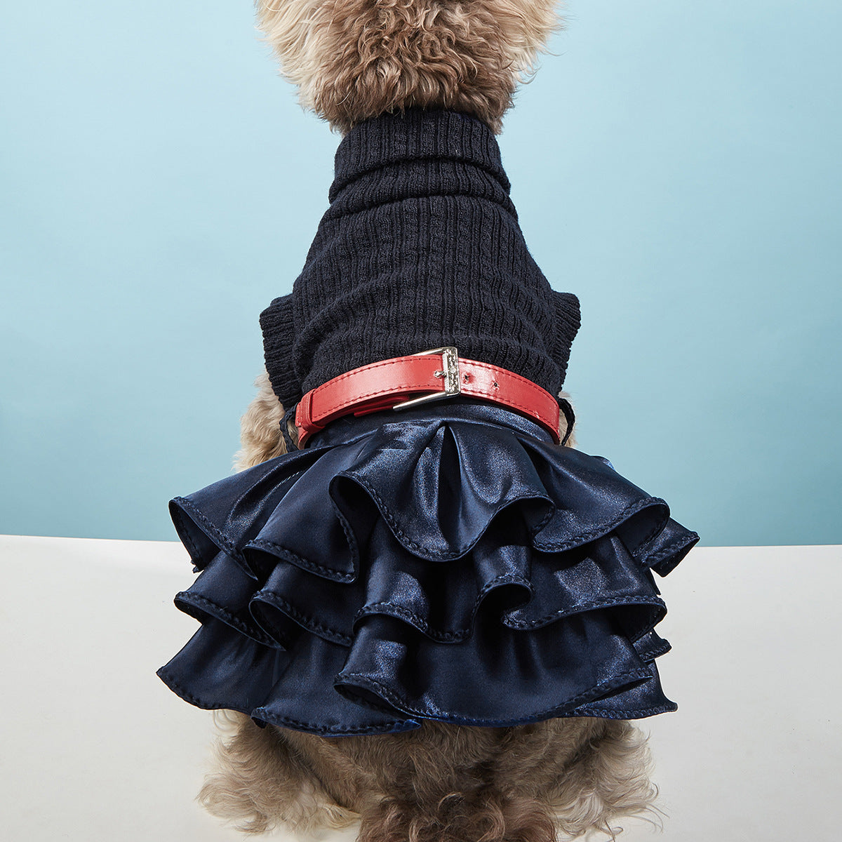 KFX-6305981 Cozy Woolen Skirt Sweater Set for Female Pets in Gray and Navy Blue