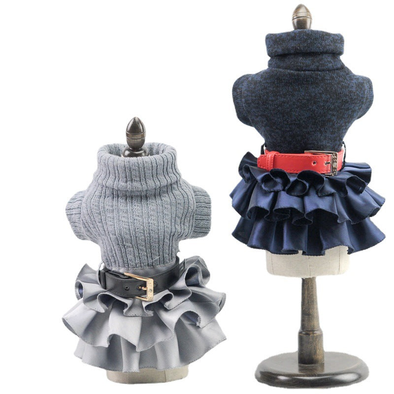 KFX-6305981 Cozy Woolen Skirt Sweater Set for Female Pets in Gray and Navy Blue