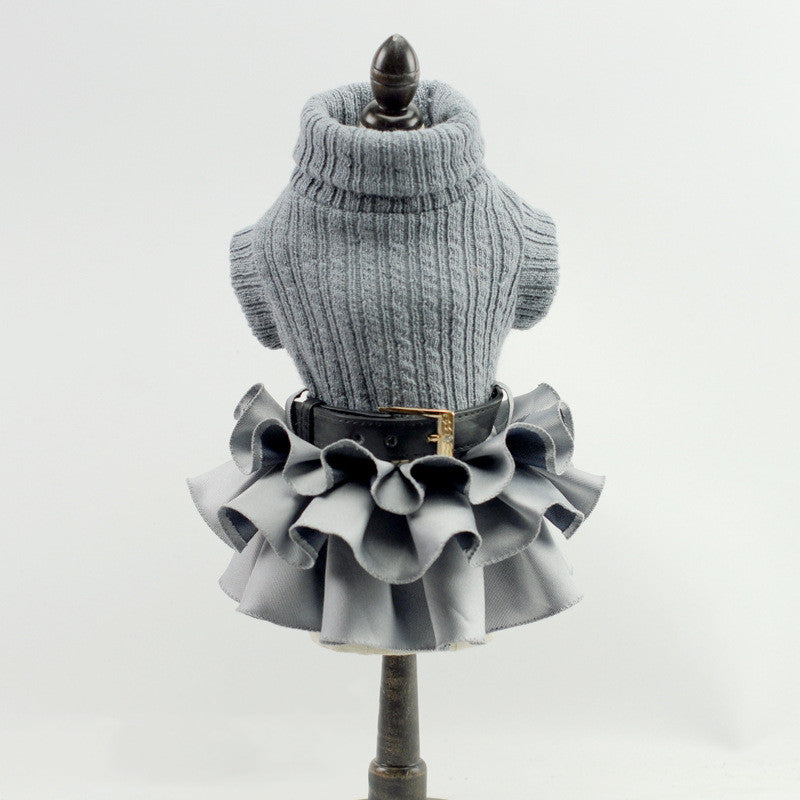KFX-6305981 Cozy Woolen Skirt Sweater Set for Female Pets in Gray and Navy Blue