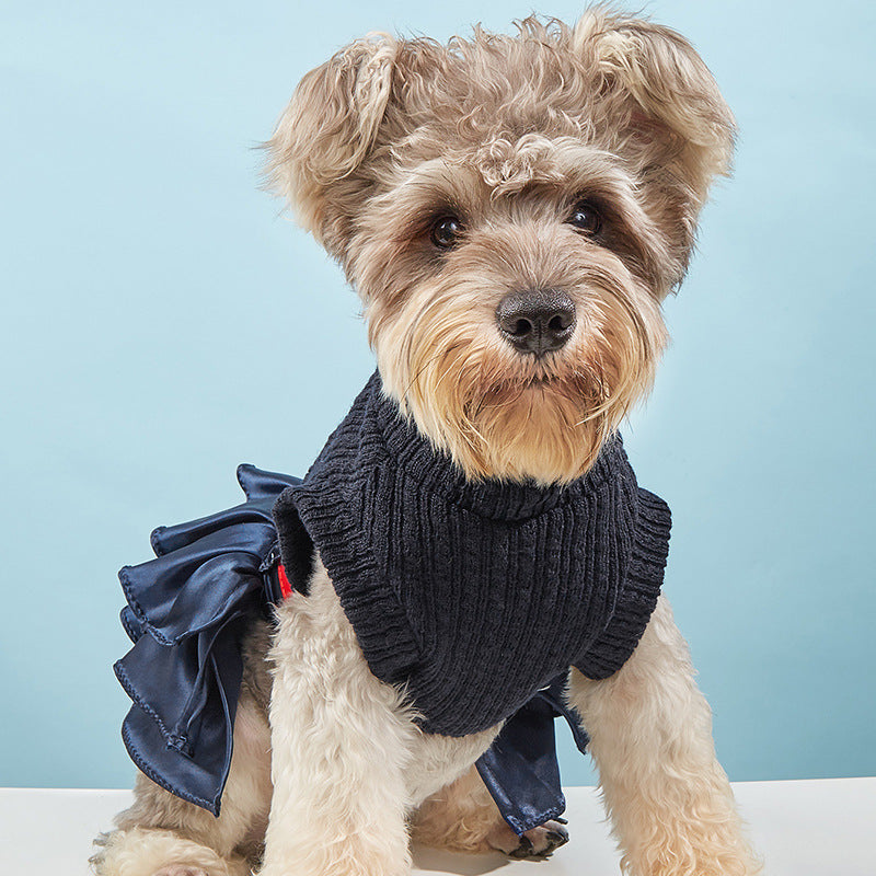 KFX-6305981 Cozy Woolen Skirt Sweater Set for Female Pets in Gray and Navy Blue
