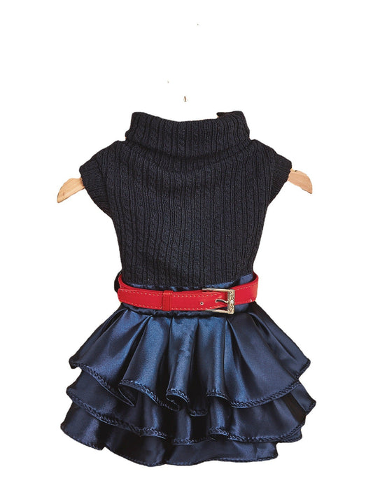 KFX-6305981 Cozy Woolen Skirt Sweater Set for Female Pets in Gray and Navy Blue