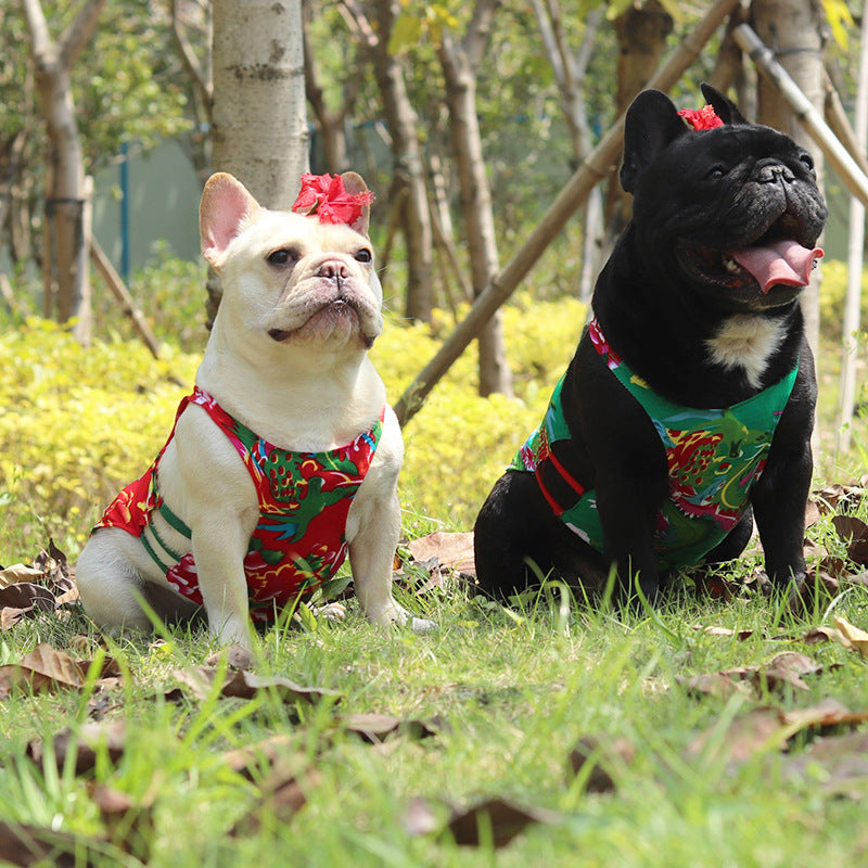 KFX-6308541 Casual Pet Vest for Pugs and Schnauzers in Ethnic Style, Cotton Silk, Available in Red and Green