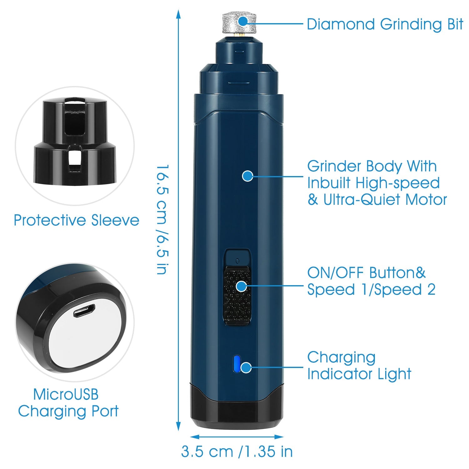 KFX-6311741 Rechargeable Dog & Cat Nail Grinder with 2 Speed Settings, Quiet Operation, and USB Charging