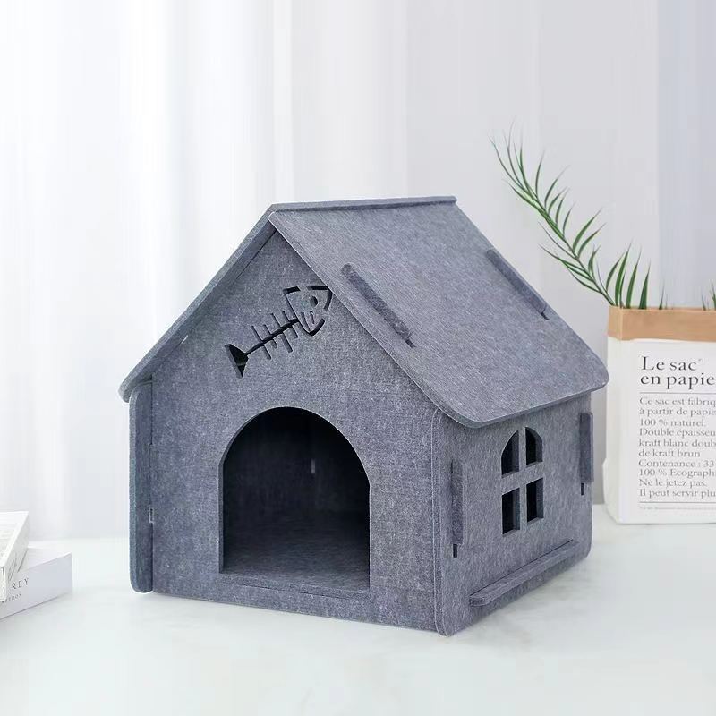 KFX-6311997 Cozy Removable Felt Cat Bed for All Seasons - Small Semi-Closed Design in Multiple Colors
