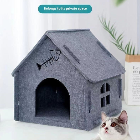 KFX-6311997 Cozy Removable Felt Cat Bed for All Seasons - Small Semi-Closed Design in Multiple Colors