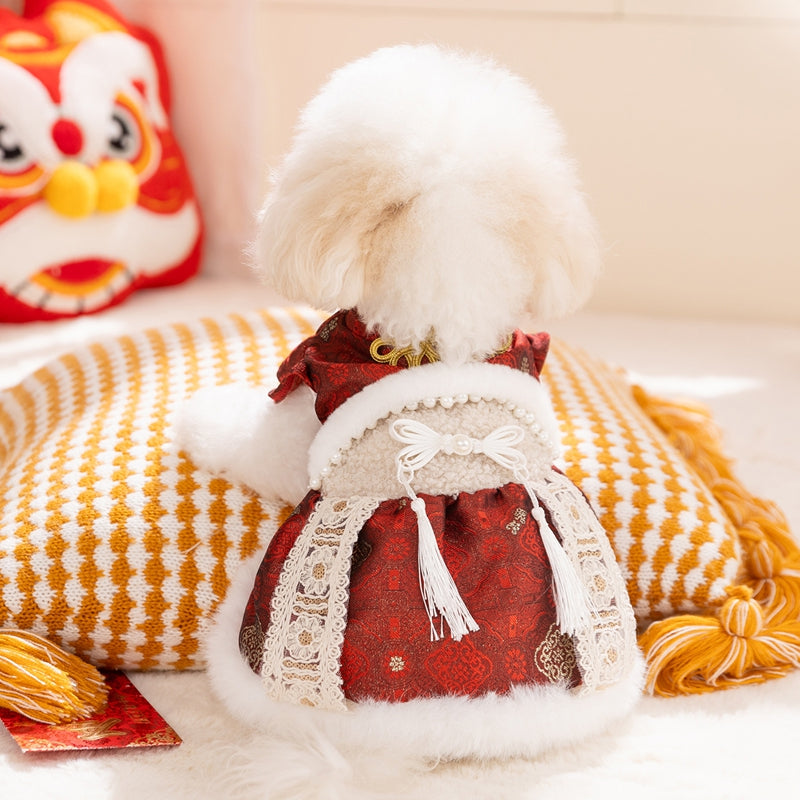 KFX-6312509 Luxury Red Qipao Pet Dress with Lace and Faux Fur Trim for Lunar New Year Celebrations