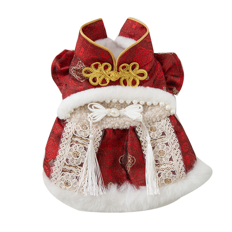 KFX-6312509 Luxury Red Qipao Pet Dress with Lace and Faux Fur Trim for Lunar New Year Celebrations