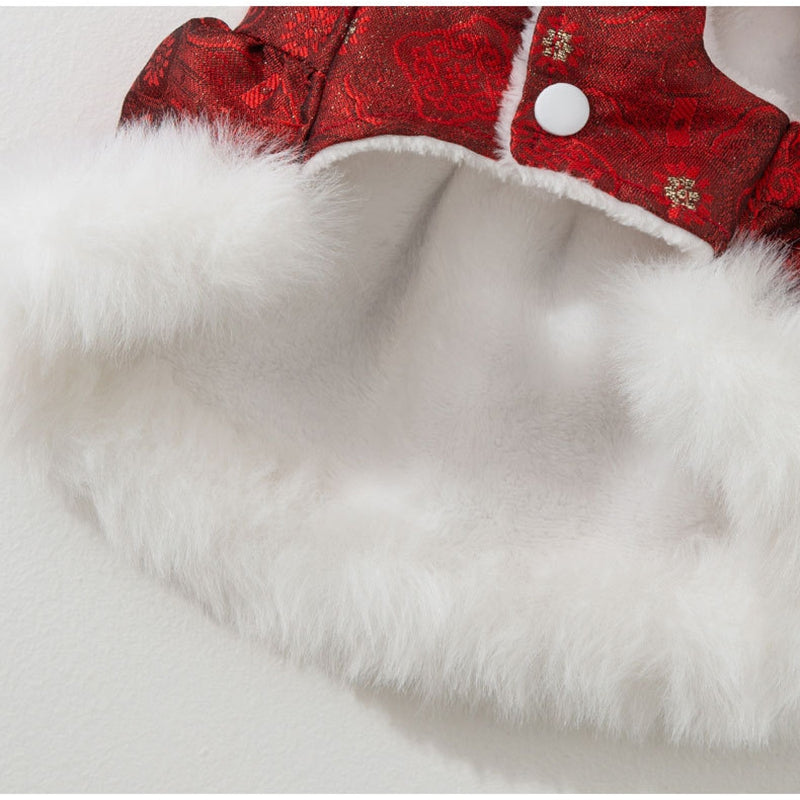 KFX-6312509 Luxury Red Qipao Pet Dress with Lace and Faux Fur Trim for Lunar New Year Celebrations