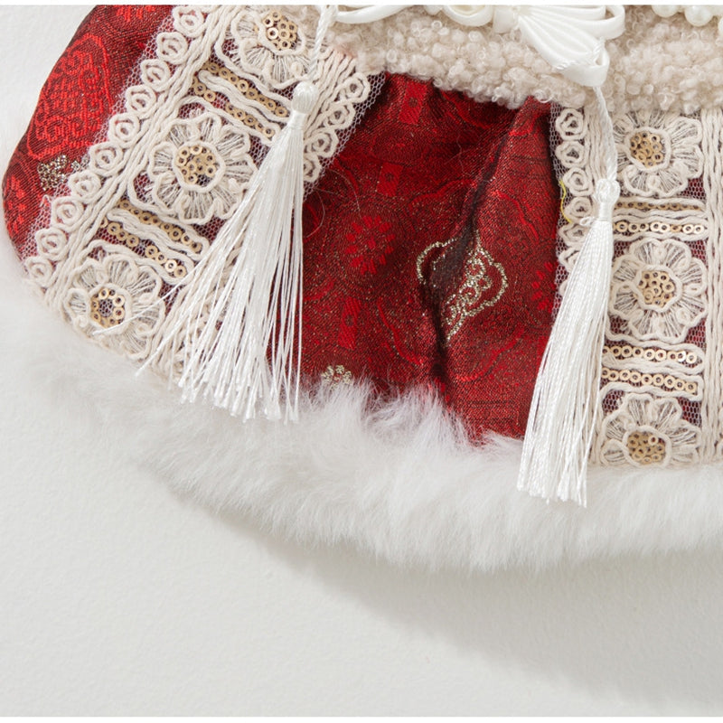 KFX-6312509 Luxury Red Qipao Pet Dress with Lace and Faux Fur Trim for Lunar New Year Celebrations