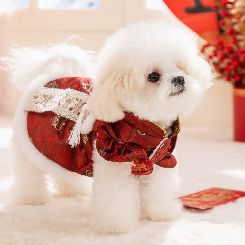 KFX-6312509 Luxury Red Qipao Pet Dress with Lace and Faux Fur Trim for Lunar New Year Celebrations