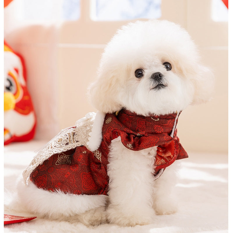 KFX-6312509 Luxury Red Qipao Pet Dress with Lace and Faux Fur Trim for Lunar New Year Celebrations