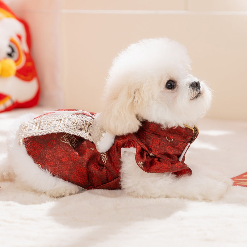 KFX-6312509 Luxury Red Qipao Pet Dress with Lace and Faux Fur Trim for Lunar New Year Celebrations