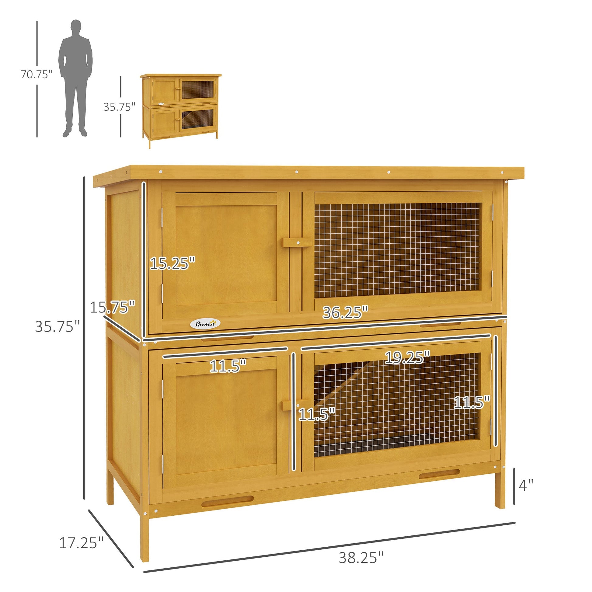 KFX-6317373 Wooden Indoor/Outdoor Yellow Rabbit Hutch with Ramp and Waterproof Roof